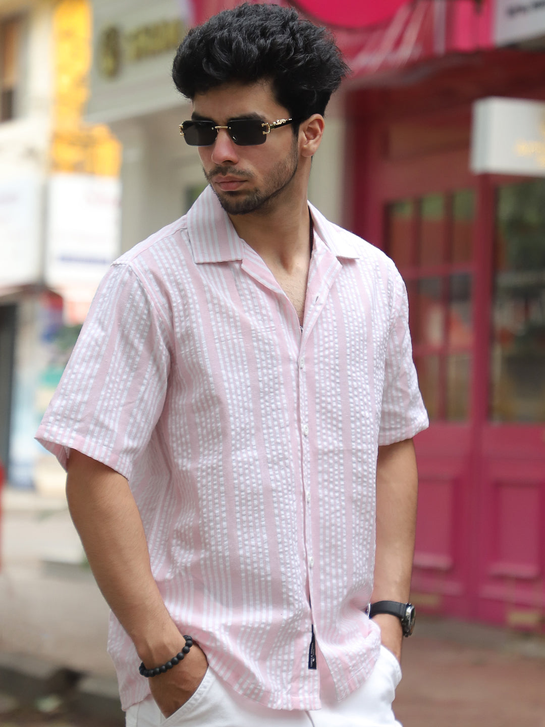 SnugSky Rouge Pink Half Sleeve Stripe Shirt