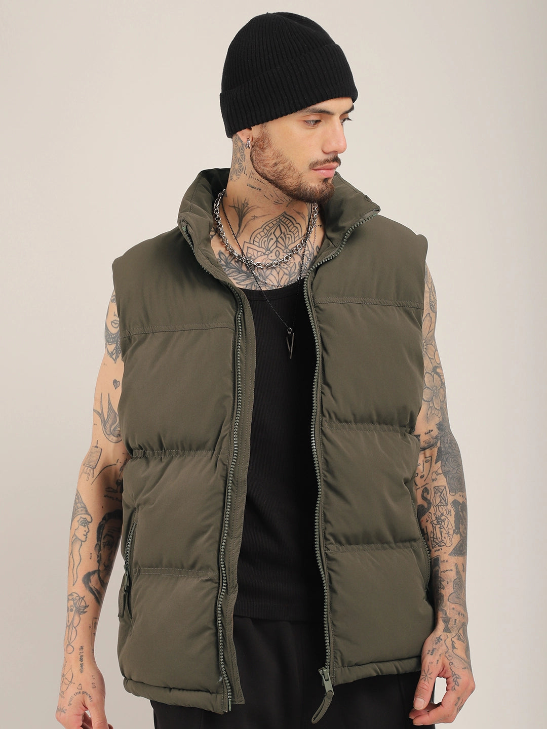 Quilted Gilet Cut Sleeves Coffee Brown Puffer Jacket