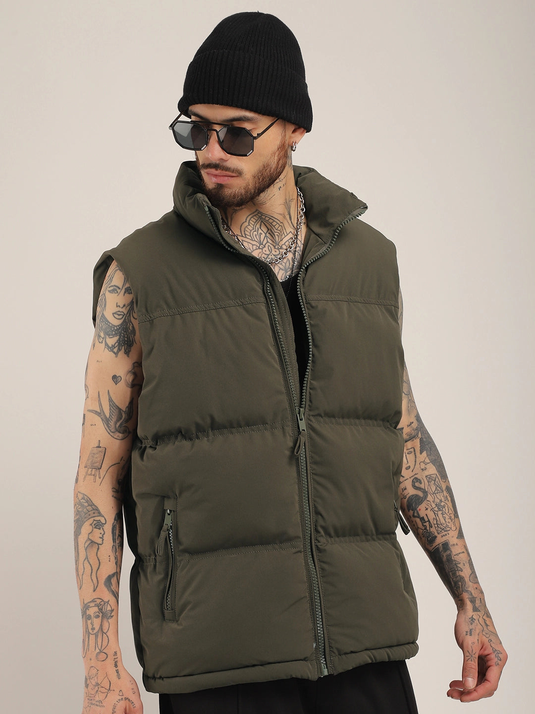 Quilted Gilet Cut Sleeves Coffee Brown Puffer Jacket