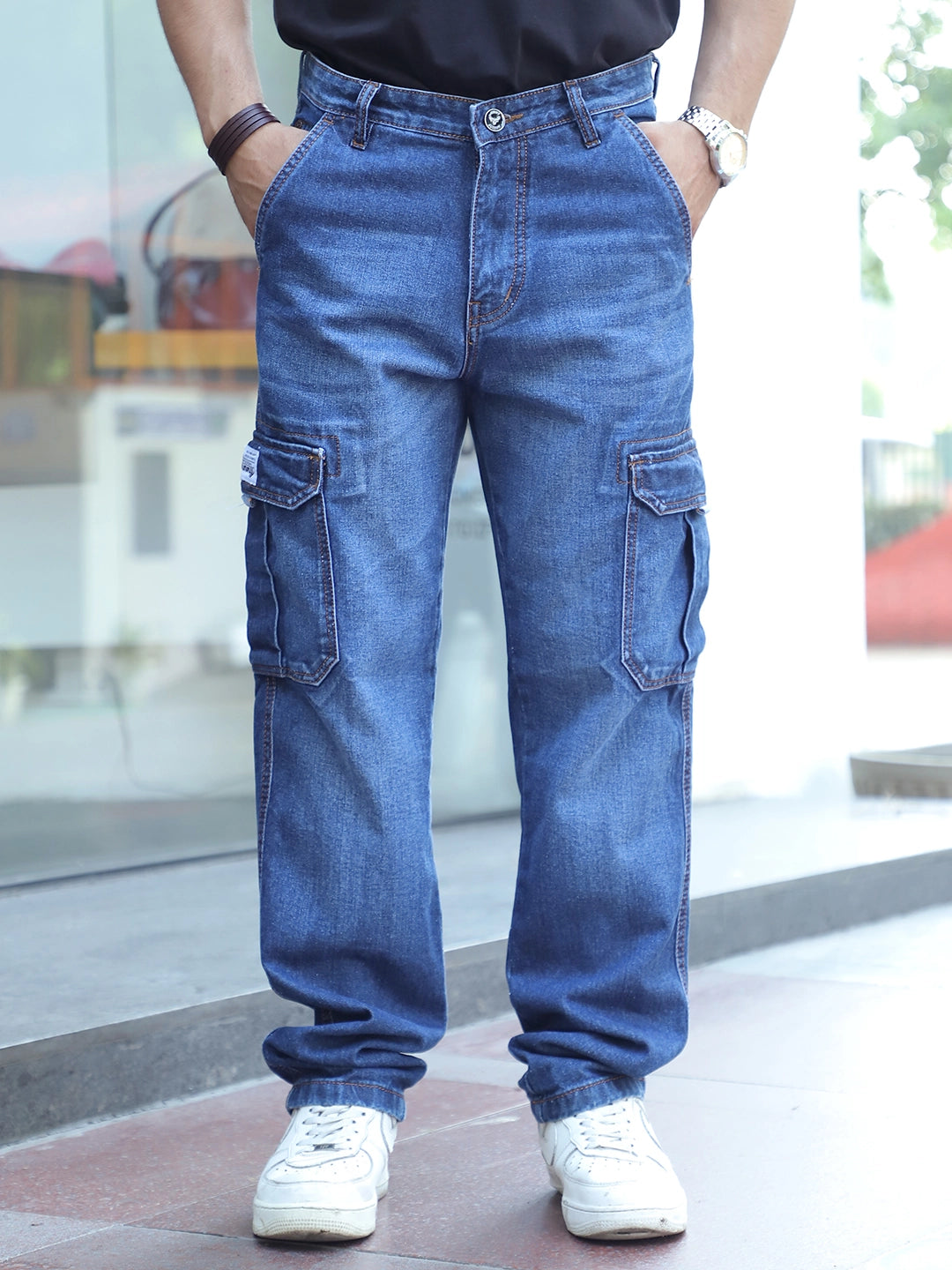 Vireon Dark Blue Baggy Fit Denim Cargo
