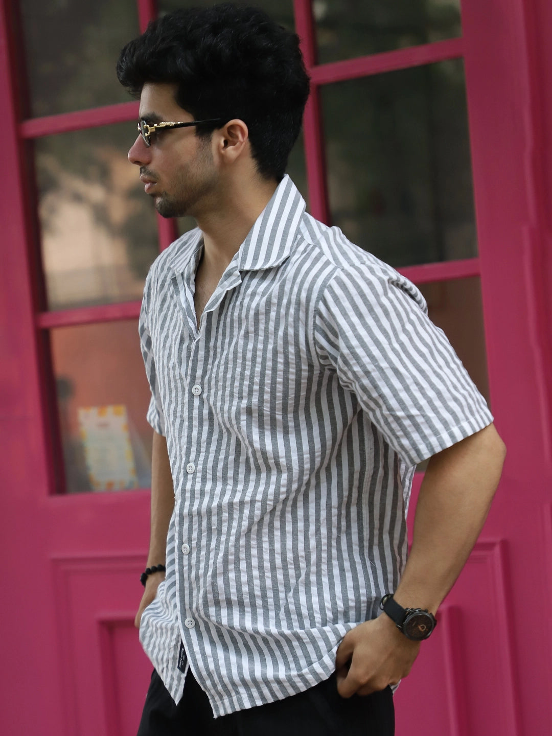 Vornix Black Half Sleeve Stripe Shirt