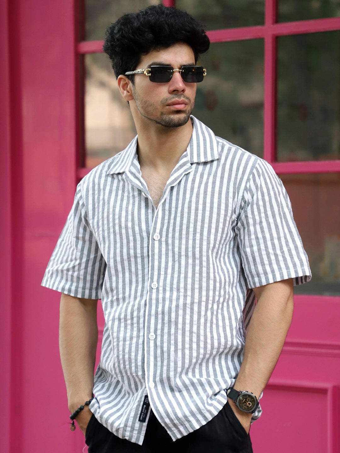 Vornix Black Half Sleeve Stripe Shirt