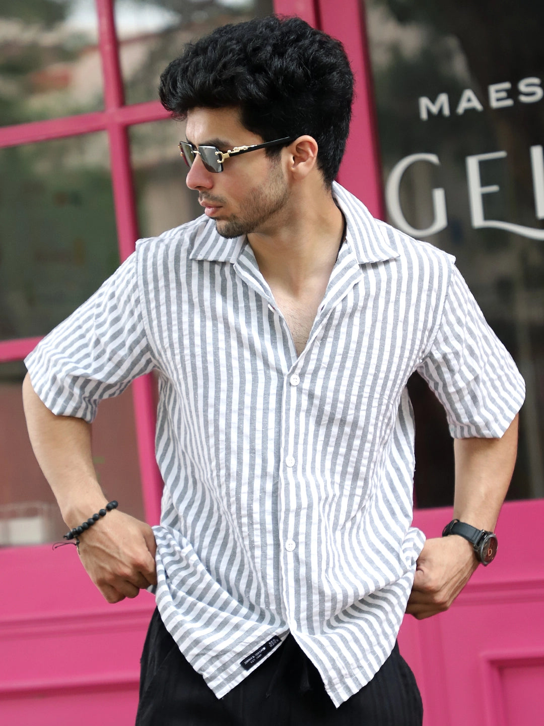 Vornix Black Half Sleeve Stripe Shirt
