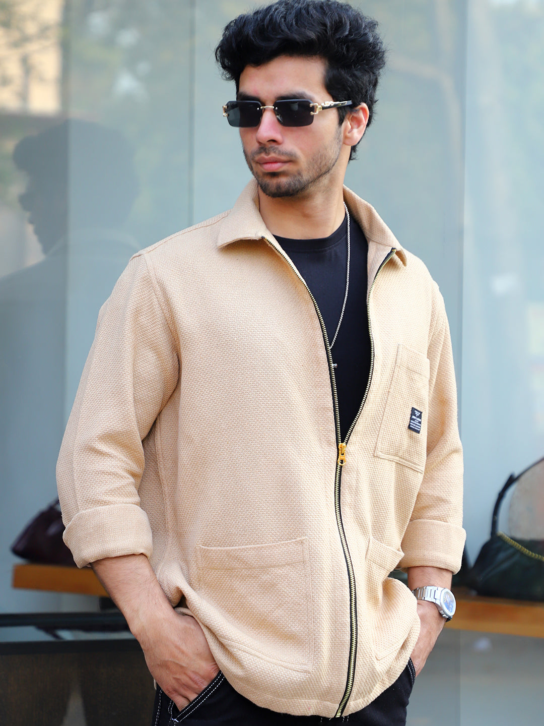 Honey Drift Beige Ribbed Shacket