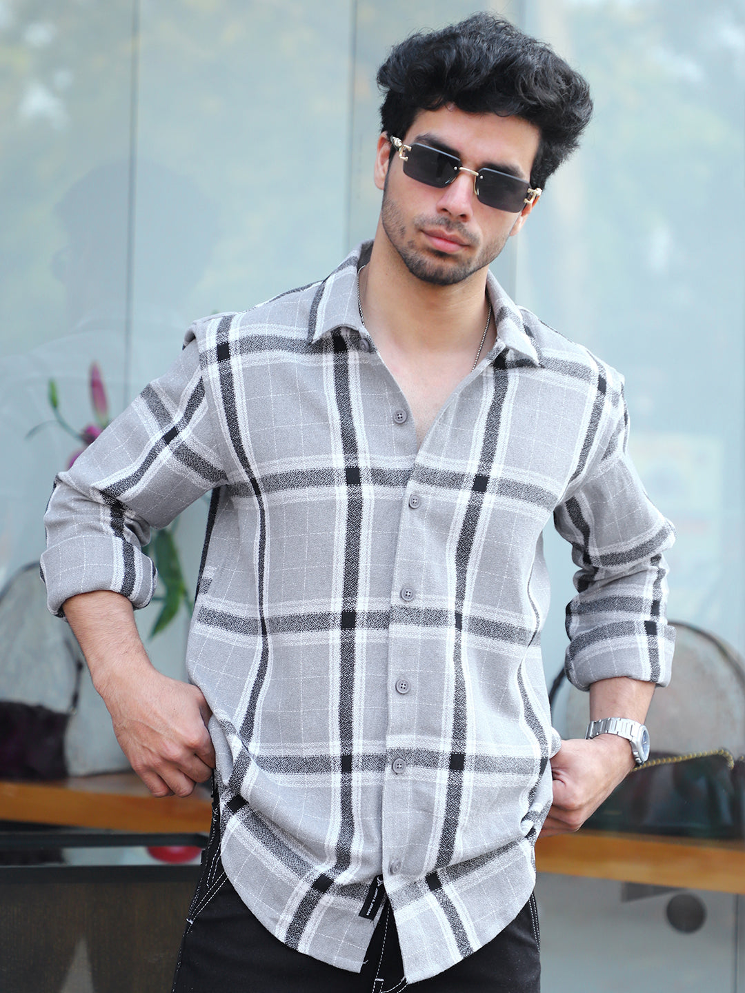 Bloom State Dark Gray Check Full Sleeve Shirt