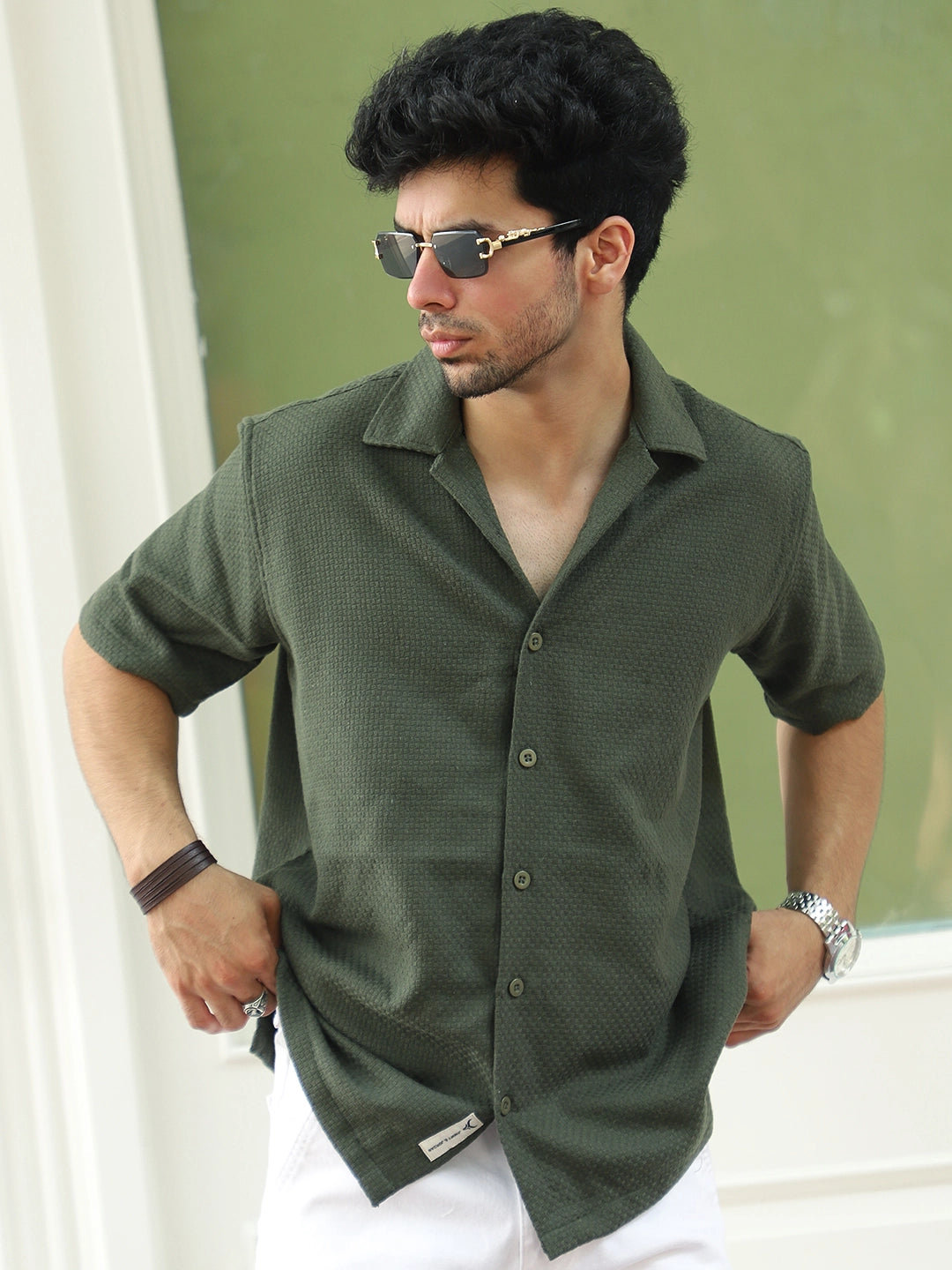 Tactile Textured Olive Green Half Sleeve Shirt