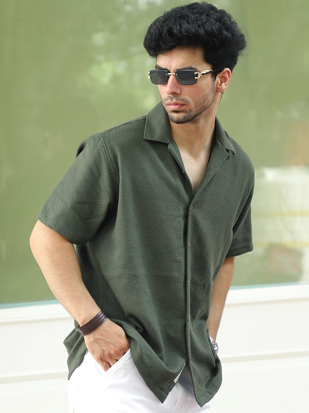 Tactile Textured Olive Green Half Sleeve Shirt