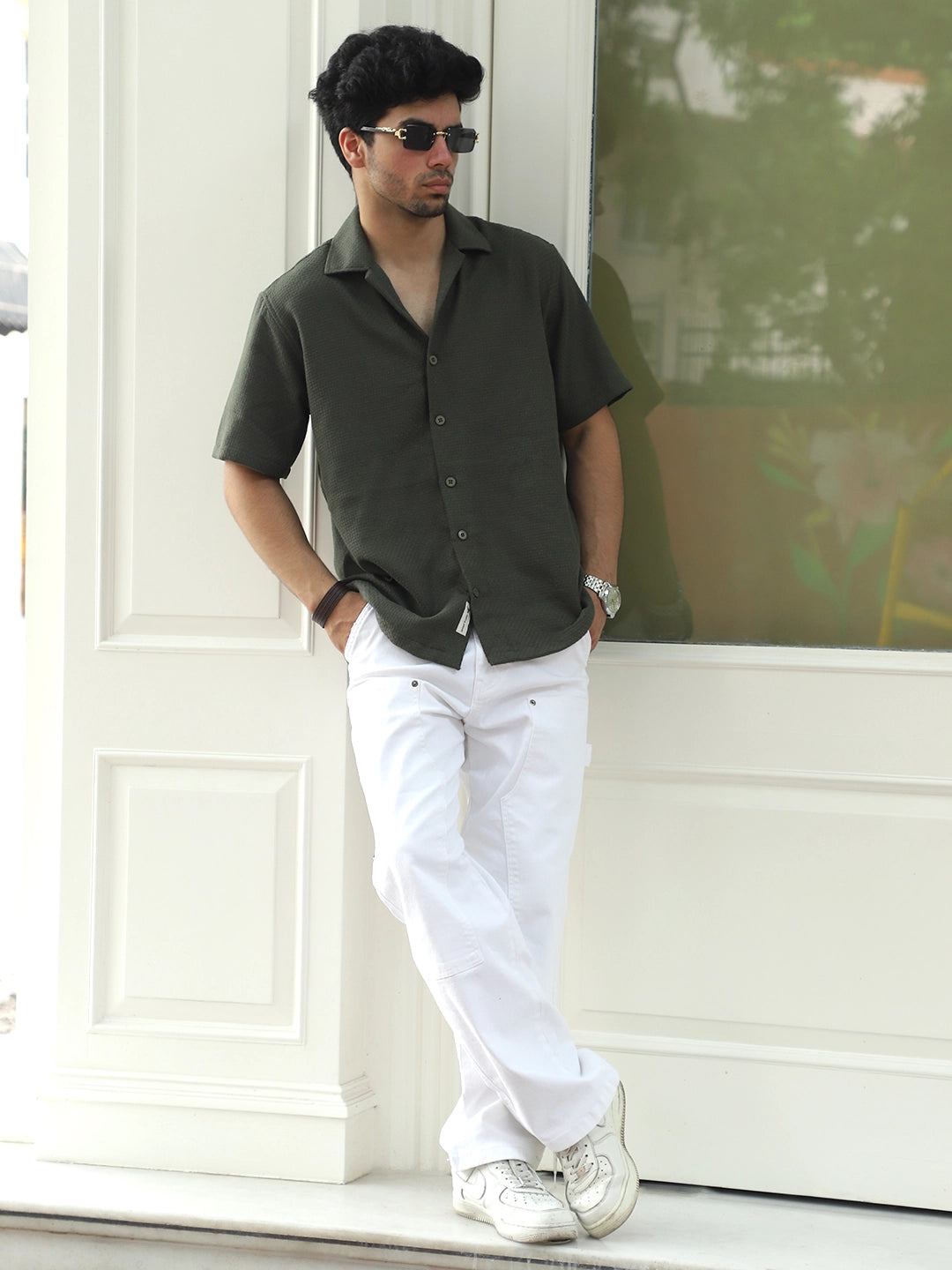 Tactile Textured Olive Green Half Sleeve Shirt