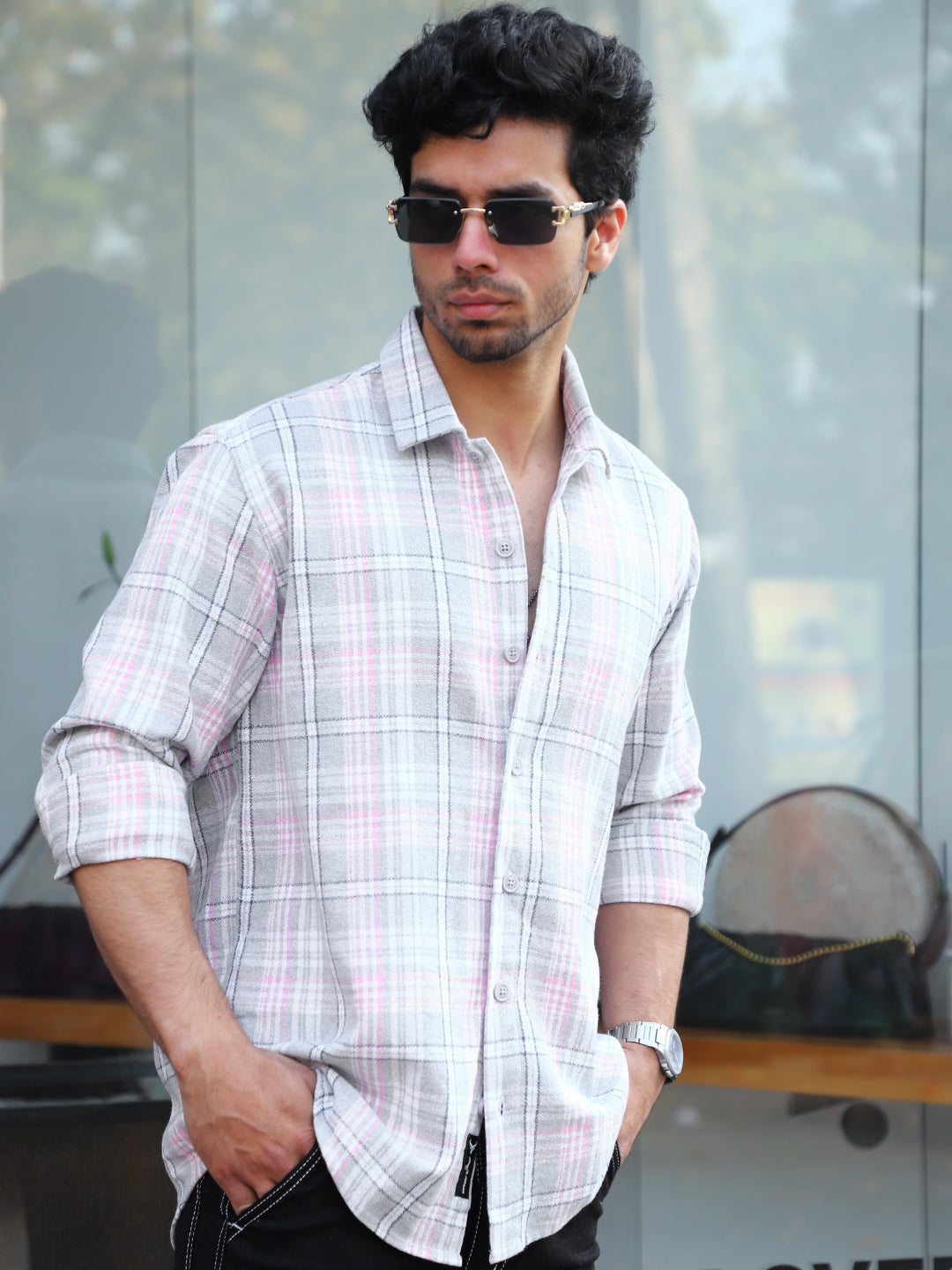 Bloom State Light Gray Check Full Sleeve Shirt