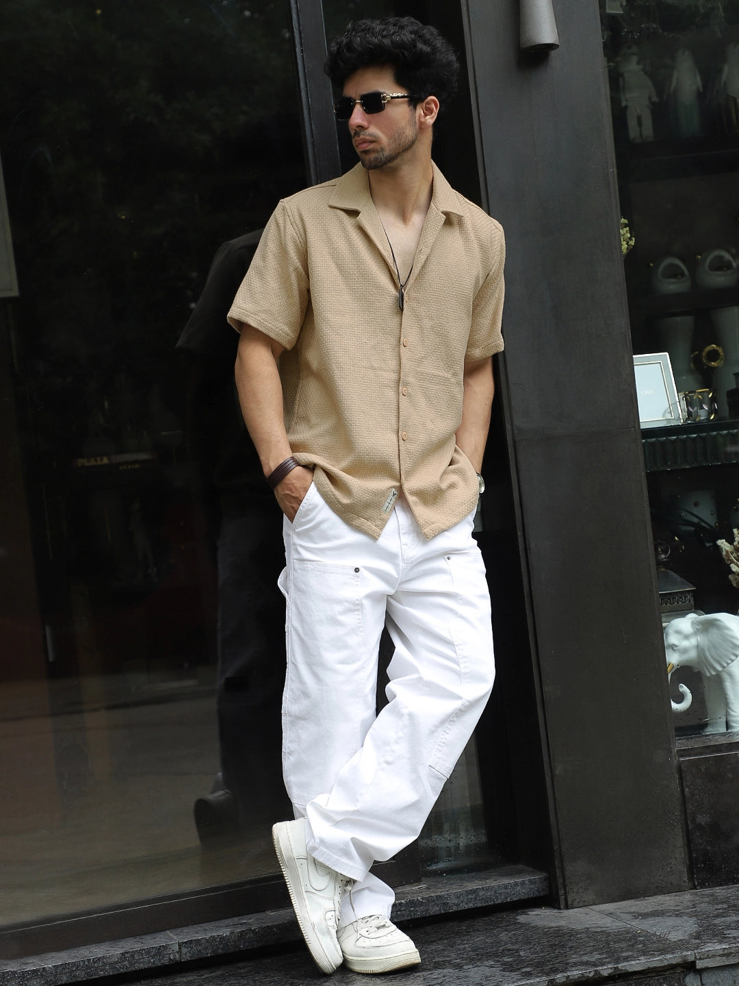 Tactile Textured Beige Half Sleeve Shirt