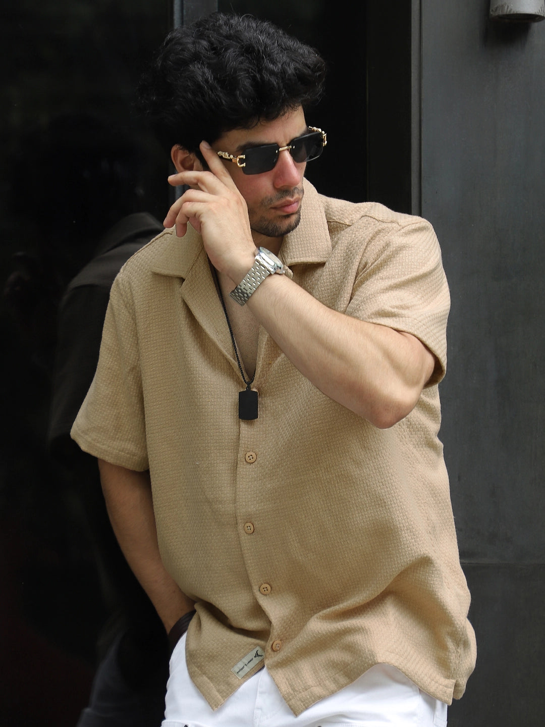 Tactile Textured Beige Half Sleeve Shirt
