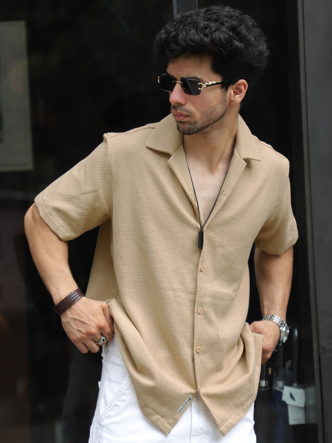 Tactile Textured Beige Half Sleeve Shirt