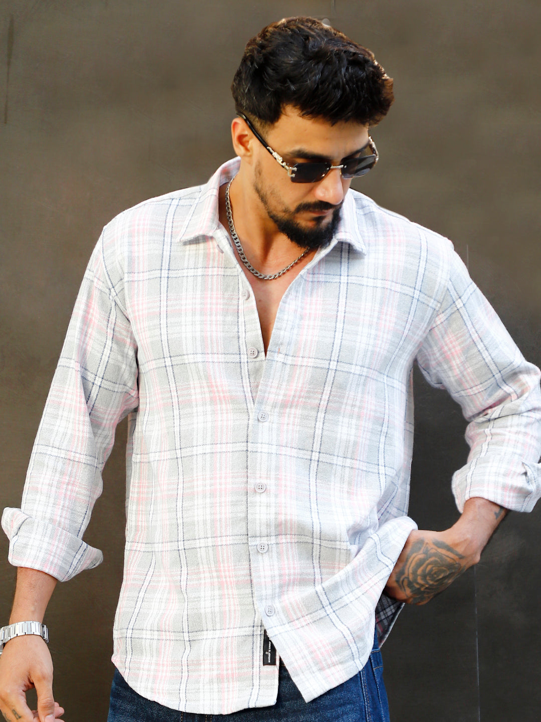 Bloom State Light Gray Check Full Sleeve Shirt