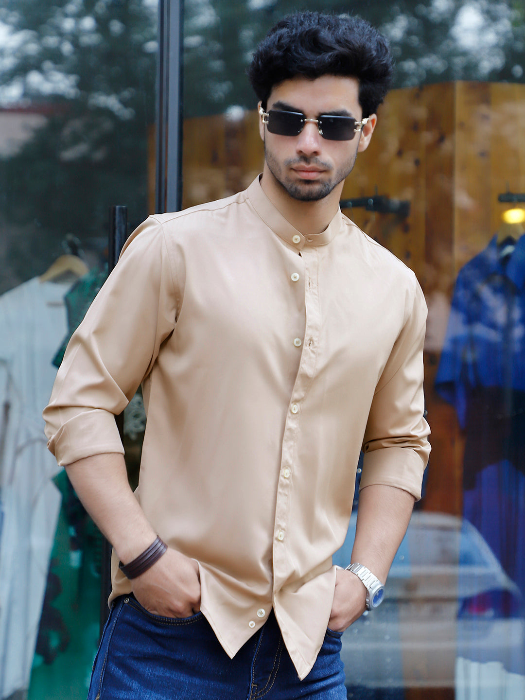Luxe Thread Beige Mandarin Shirt