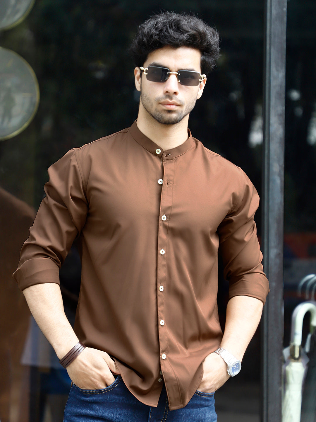 Luxe Thread Copper Brown Mandarin Shirt