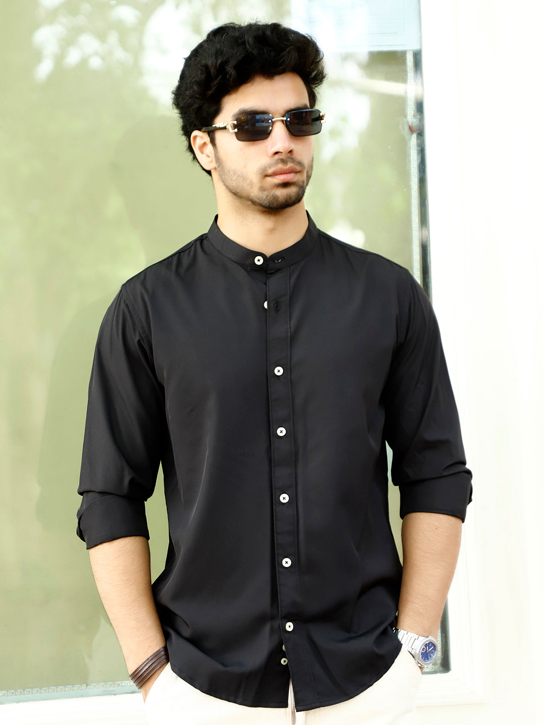 Luxe Thread Black Mandarin Shirt