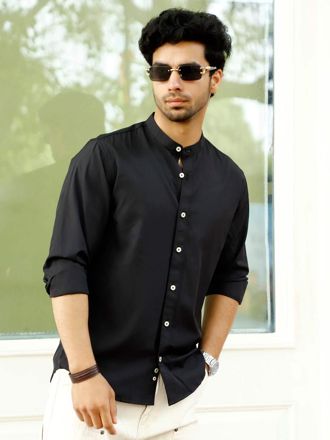 Luxe Thread Black Mandarin Shirt