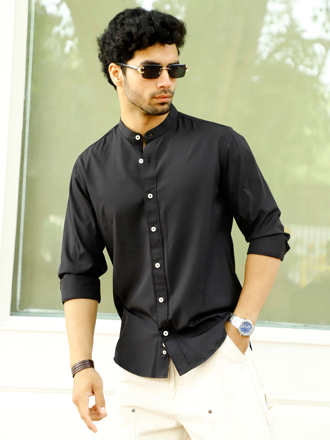 Luxe Thread Black Mandarin Shirt