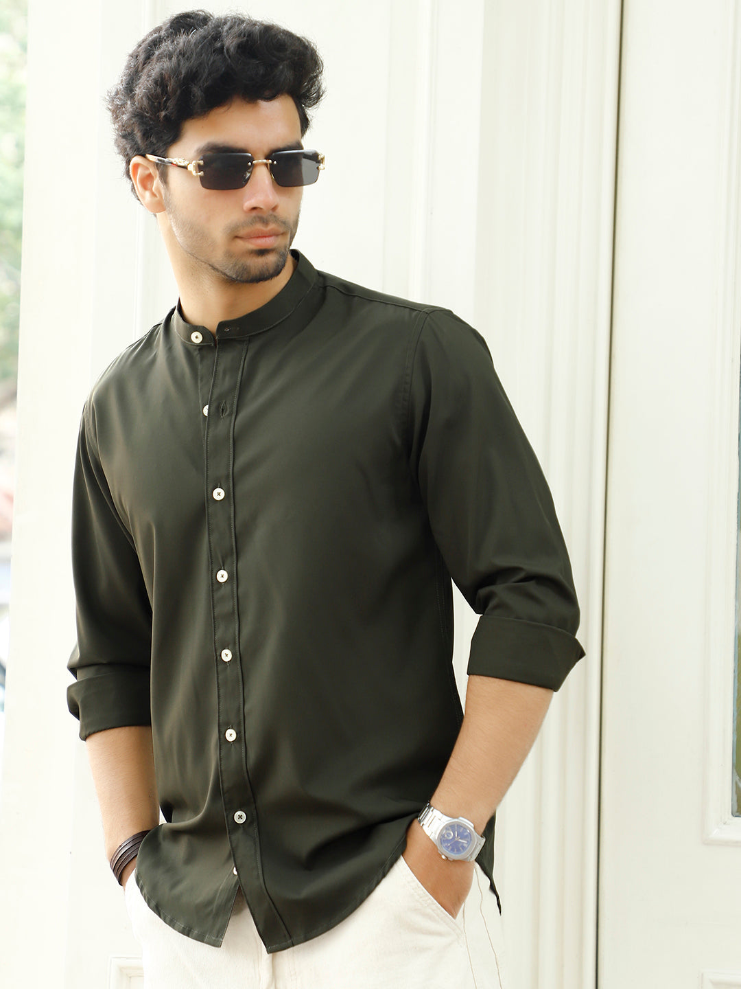 Caligo Dark Green Mandarin Shirt