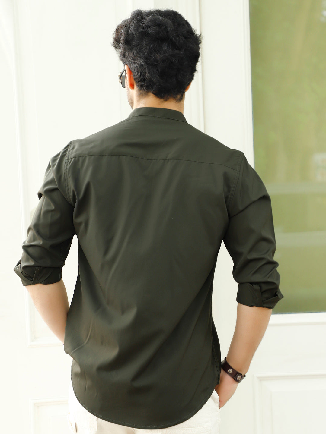 Caligo Dark Green Mandarin Shirt