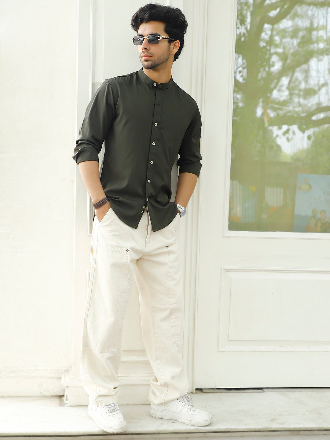 Caligo Dark Green Mandarin Shirt