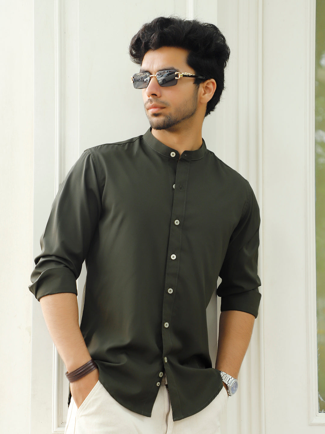 Caligo Dark Green Mandarin Shirt