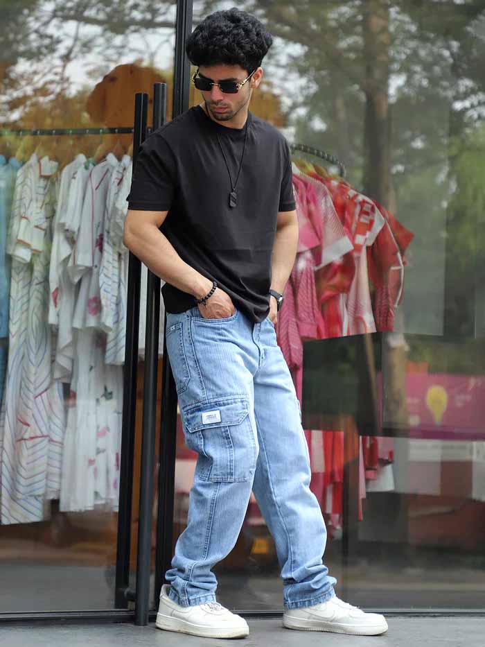 Caventor Light Blue Baggy Fit Denim Cargo