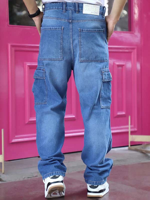 Noir Azure Blue Baggy Fit Denim Cargo