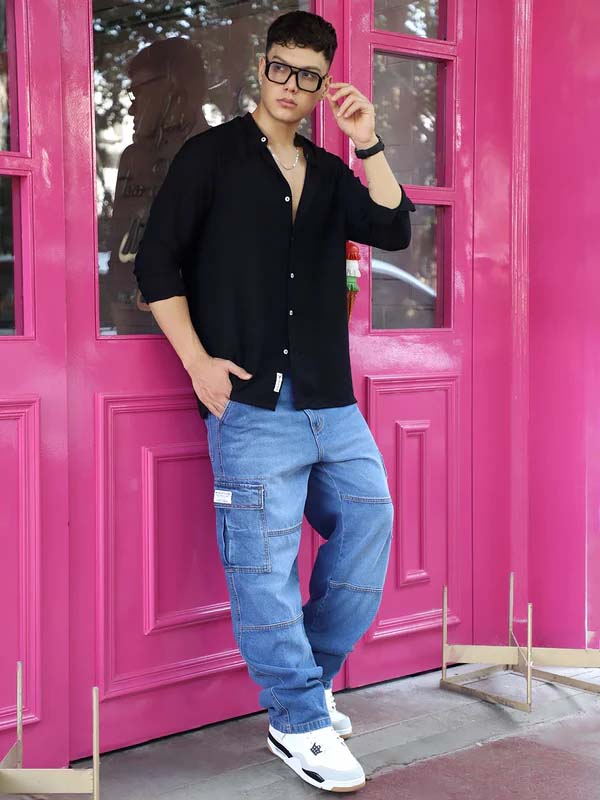 Noir Azure Blue Baggy Fit Denim Cargo