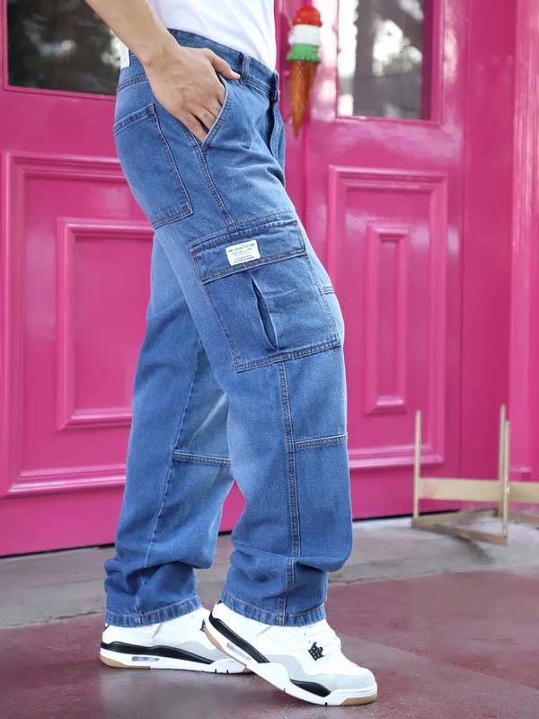 Noir Azure Blue Baggy Fit Denim Cargo