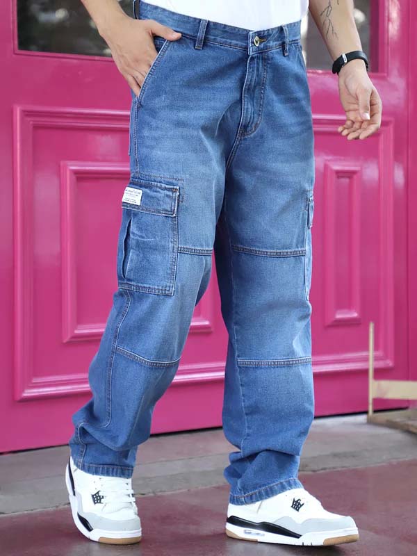 Noir Azure Blue Baggy Fit Denim Cargo