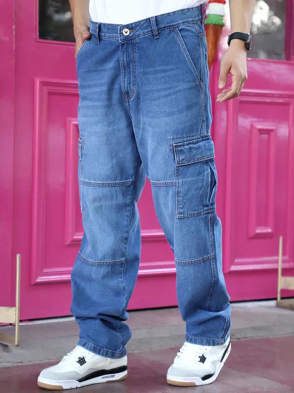 Noir Azure Blue Baggy Fit Denim Cargo