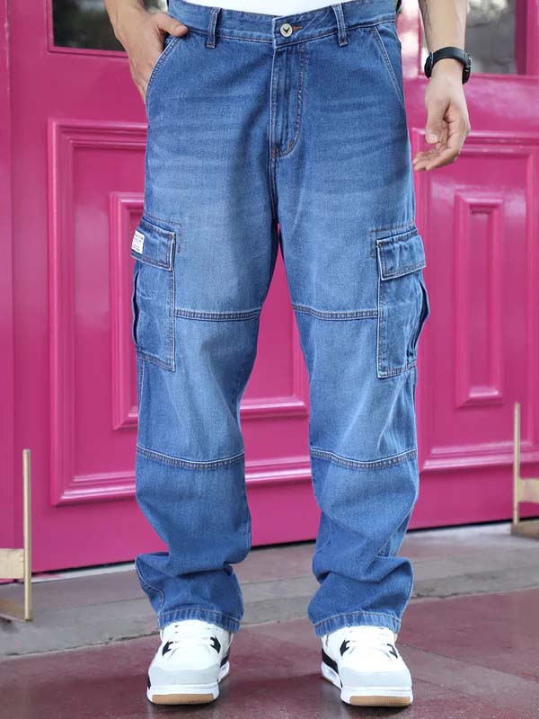 Noir Azure Blue Baggy Fit Denim Cargo