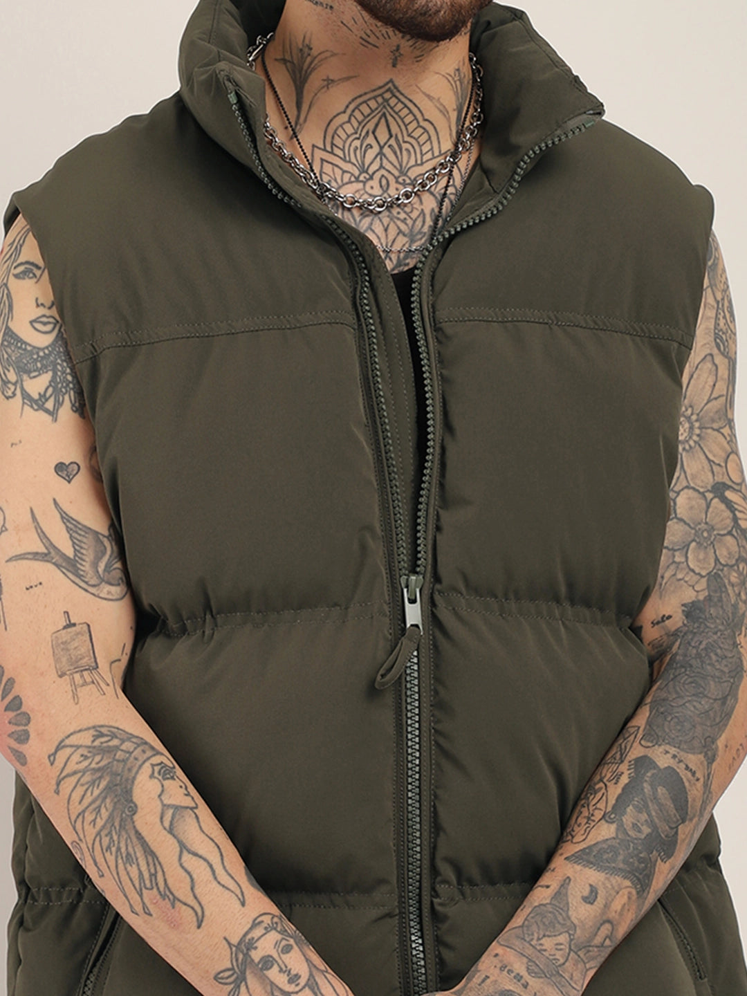 Quilted Gilet Cut Sleeves Coffee Brown Puffer Jacket