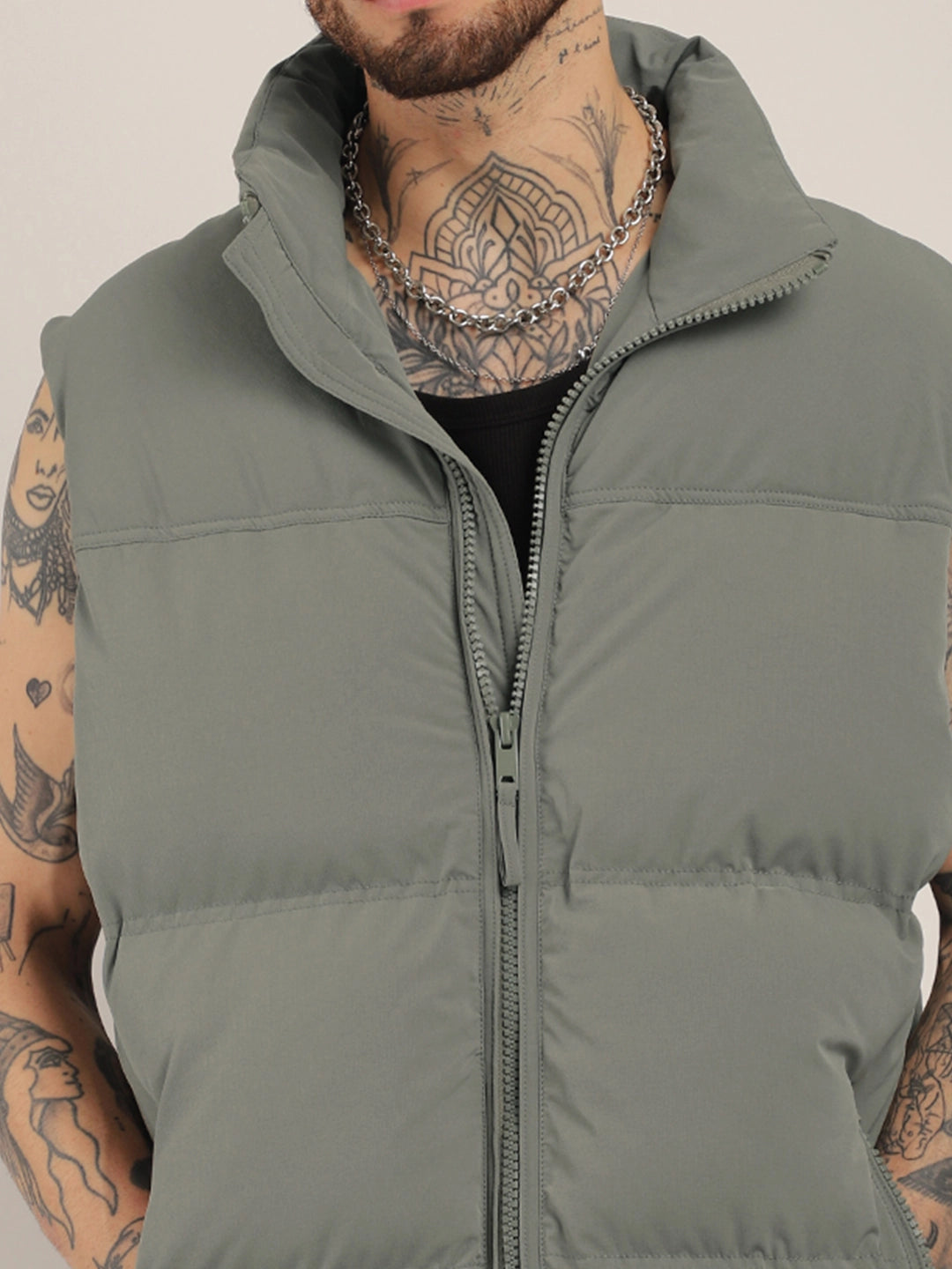 Quilted Gilet Cut Sleeves Grey Puffer Jacket