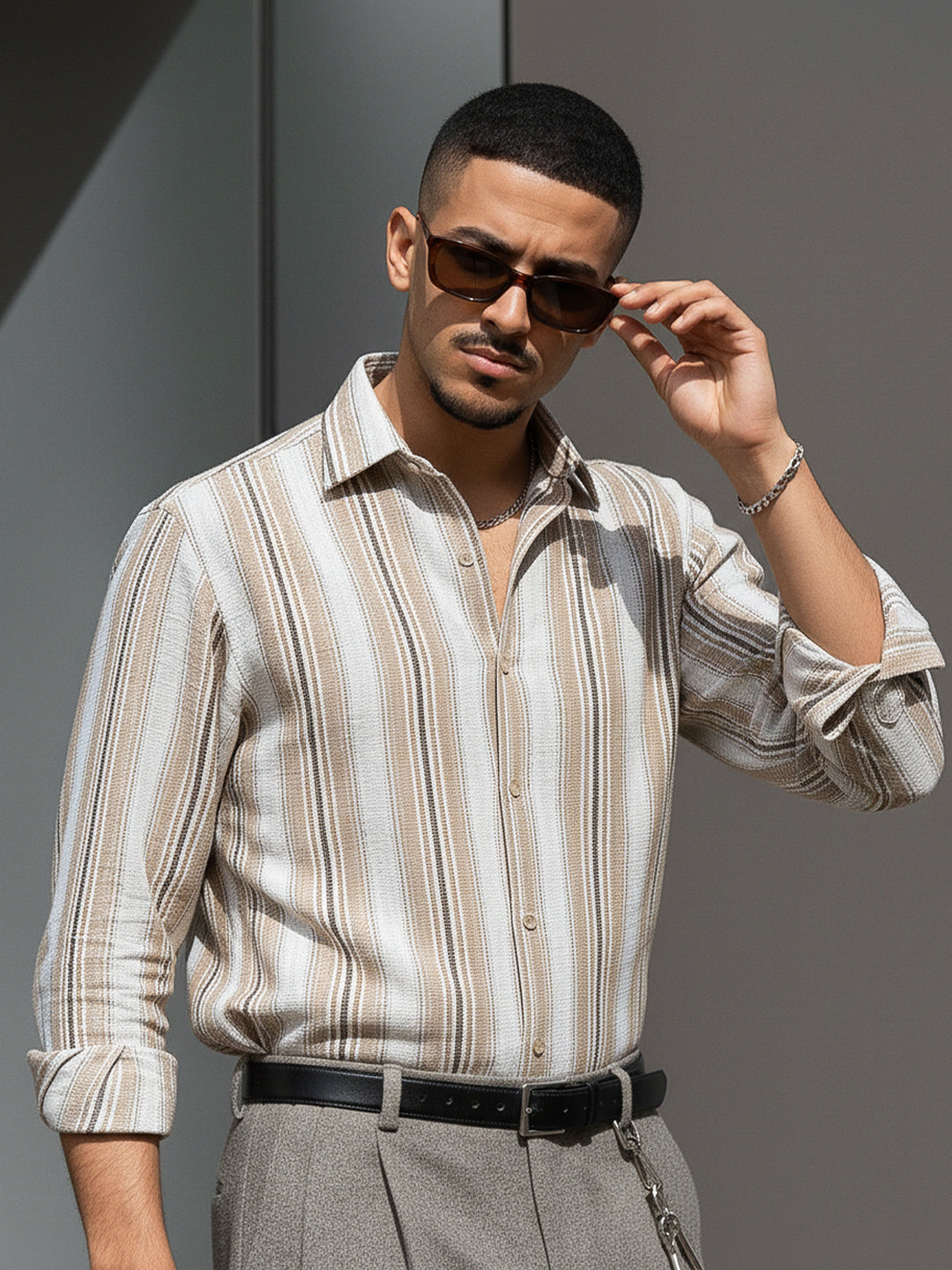 Sable Tone Beige  Stripe Full Sleeve Shirt