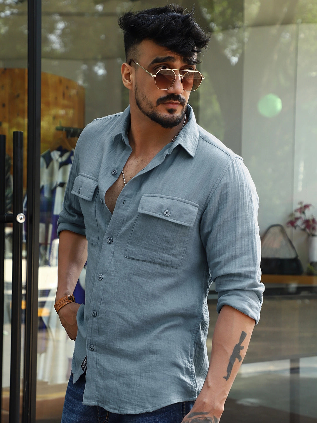 Vero Vibe Lucas Double Clothe Stone Blue Shirt