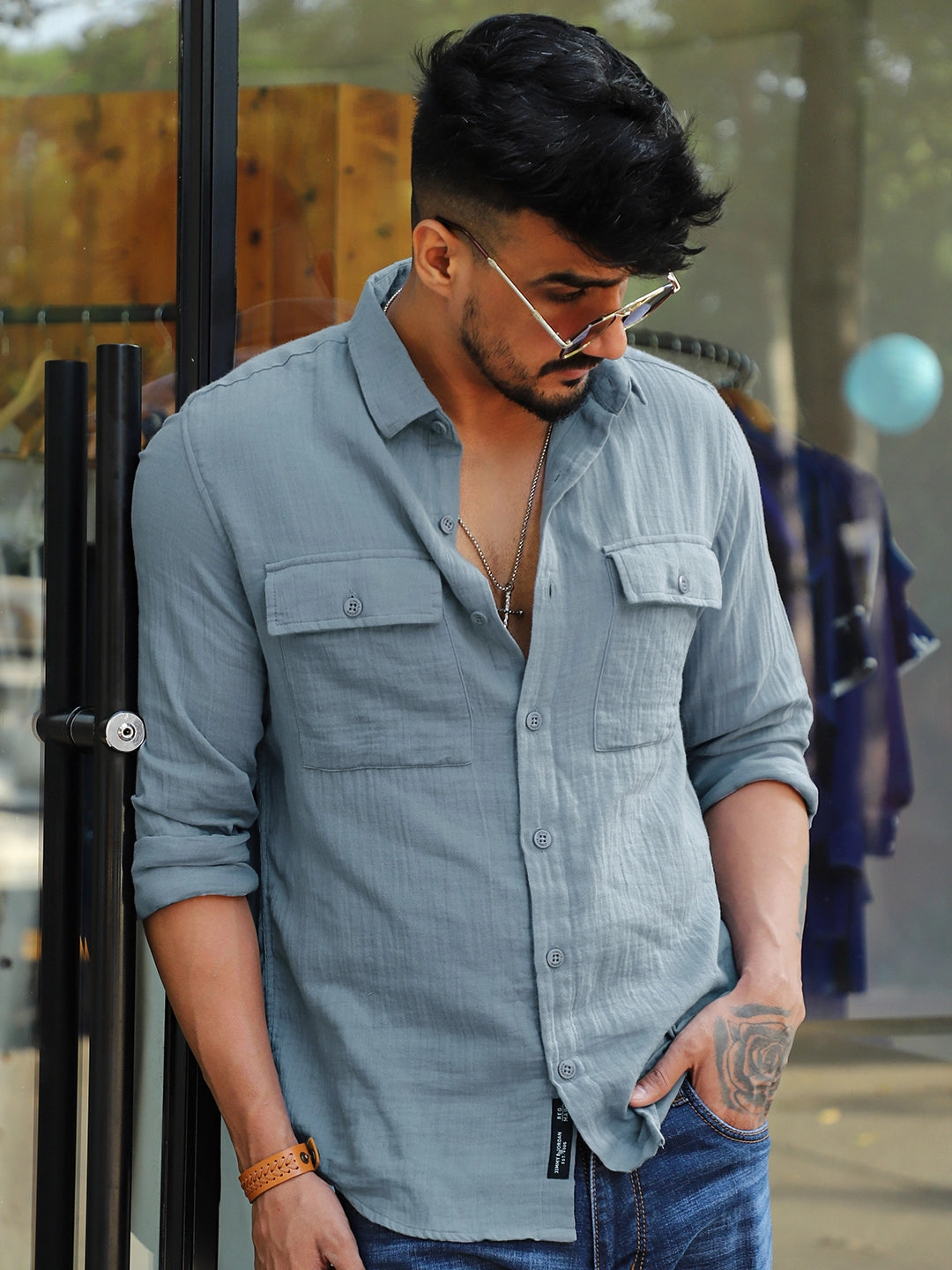 Vero Vibe Lucas Double Clothe Stone Blue Shirt