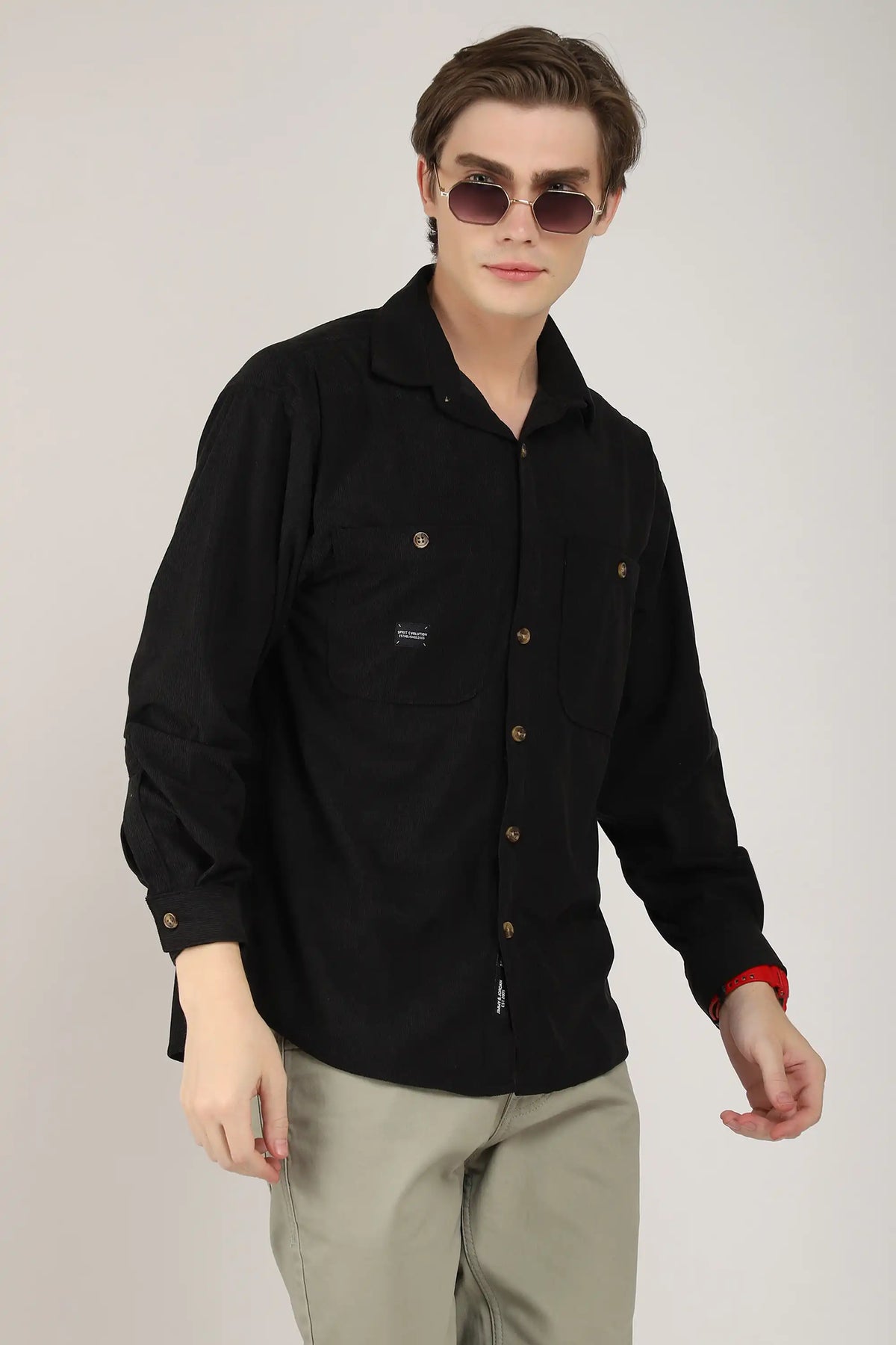 Black Solid Plain Corduroy Shirt