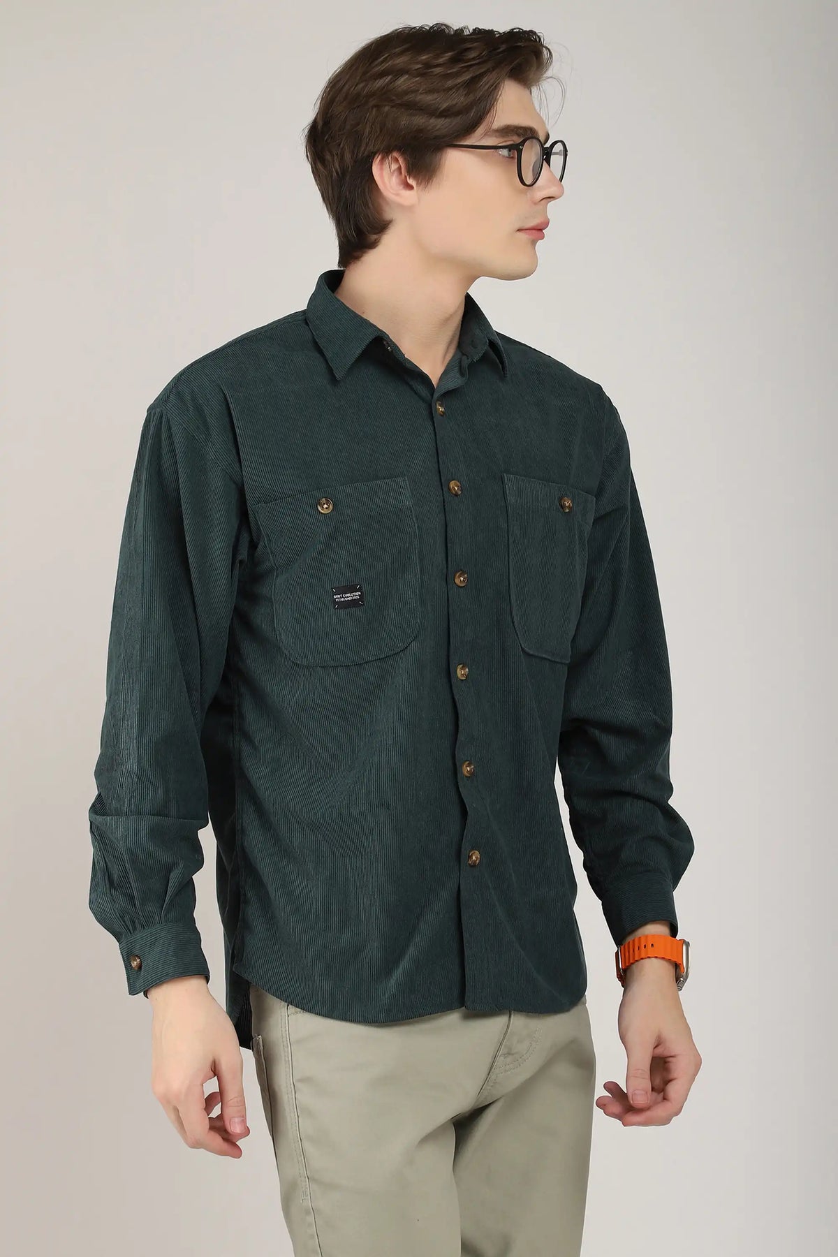 Dark Green Solid Plain Corduroy Shirt