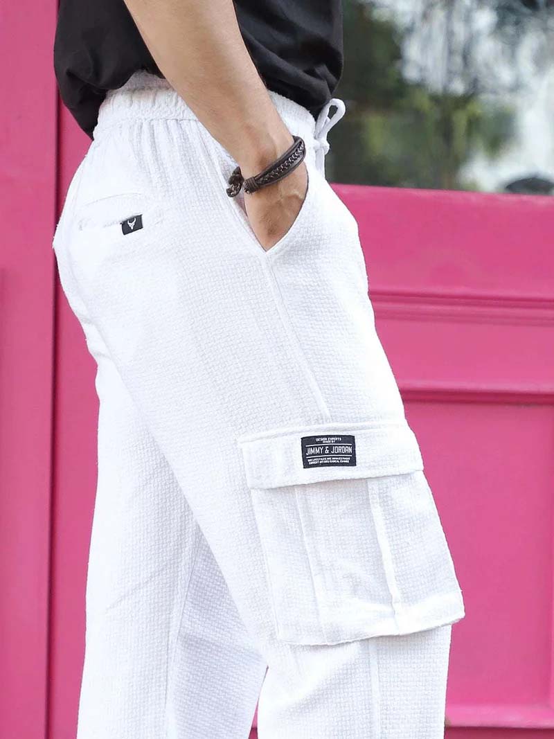 Mossveil White Baggy Fit Textured Trouser