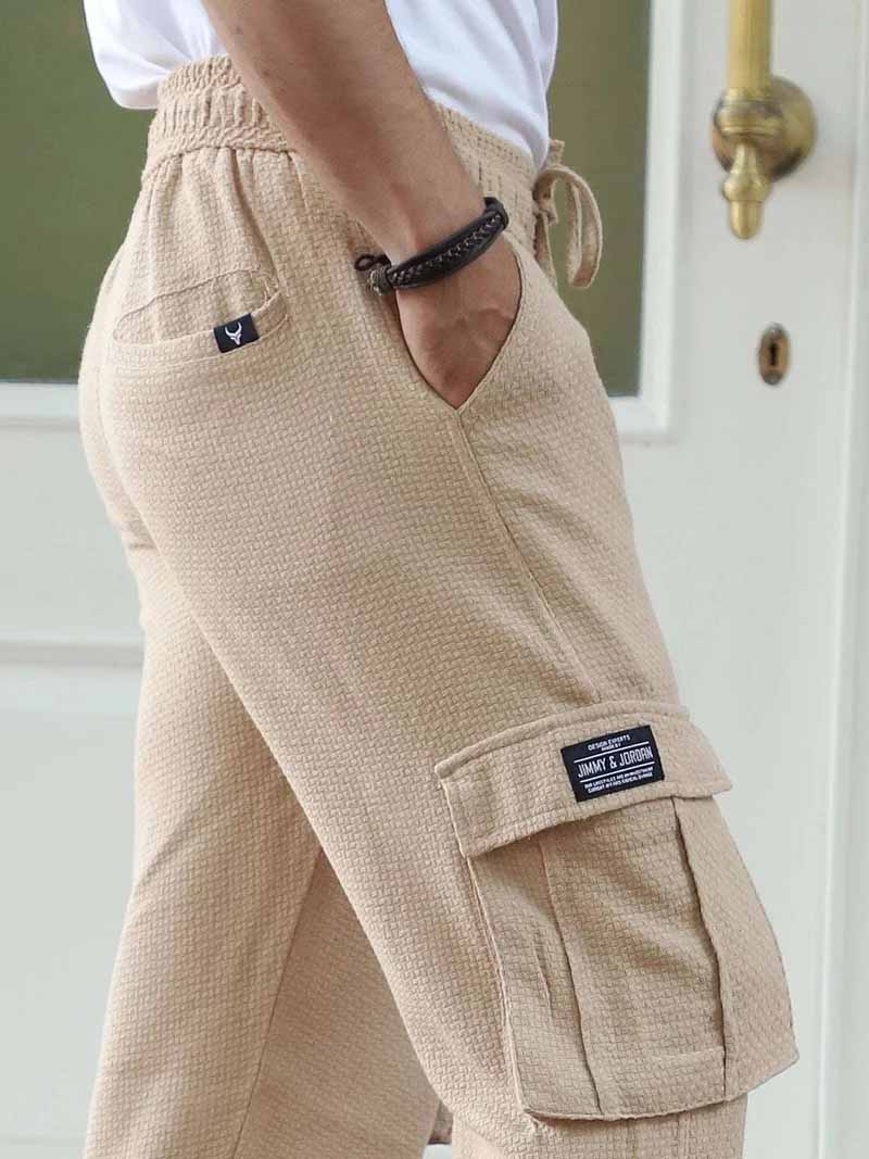 Mossveil Beige Baggy Fit Textured Trouser