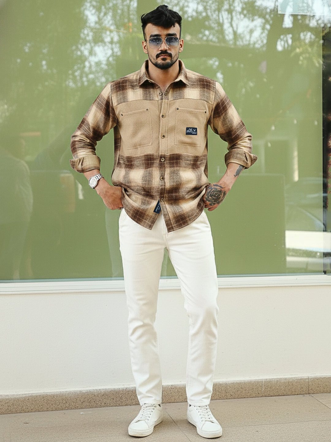 Thunderbird Almond Brown Check Full Sleeve Shirt