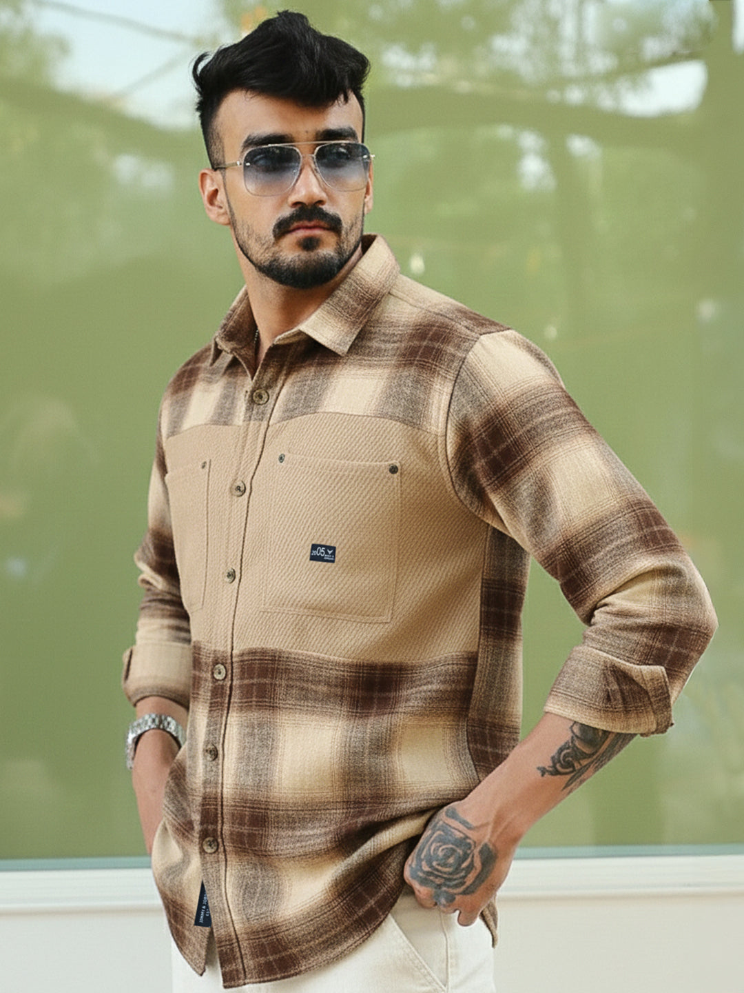 Thunderbird Almond Brown Check Full Sleeve Shirt