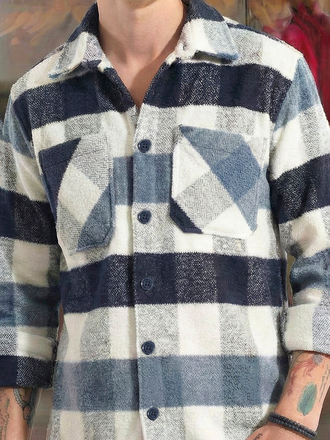 Pure Wool Slate Towel Knitted Check Shacket