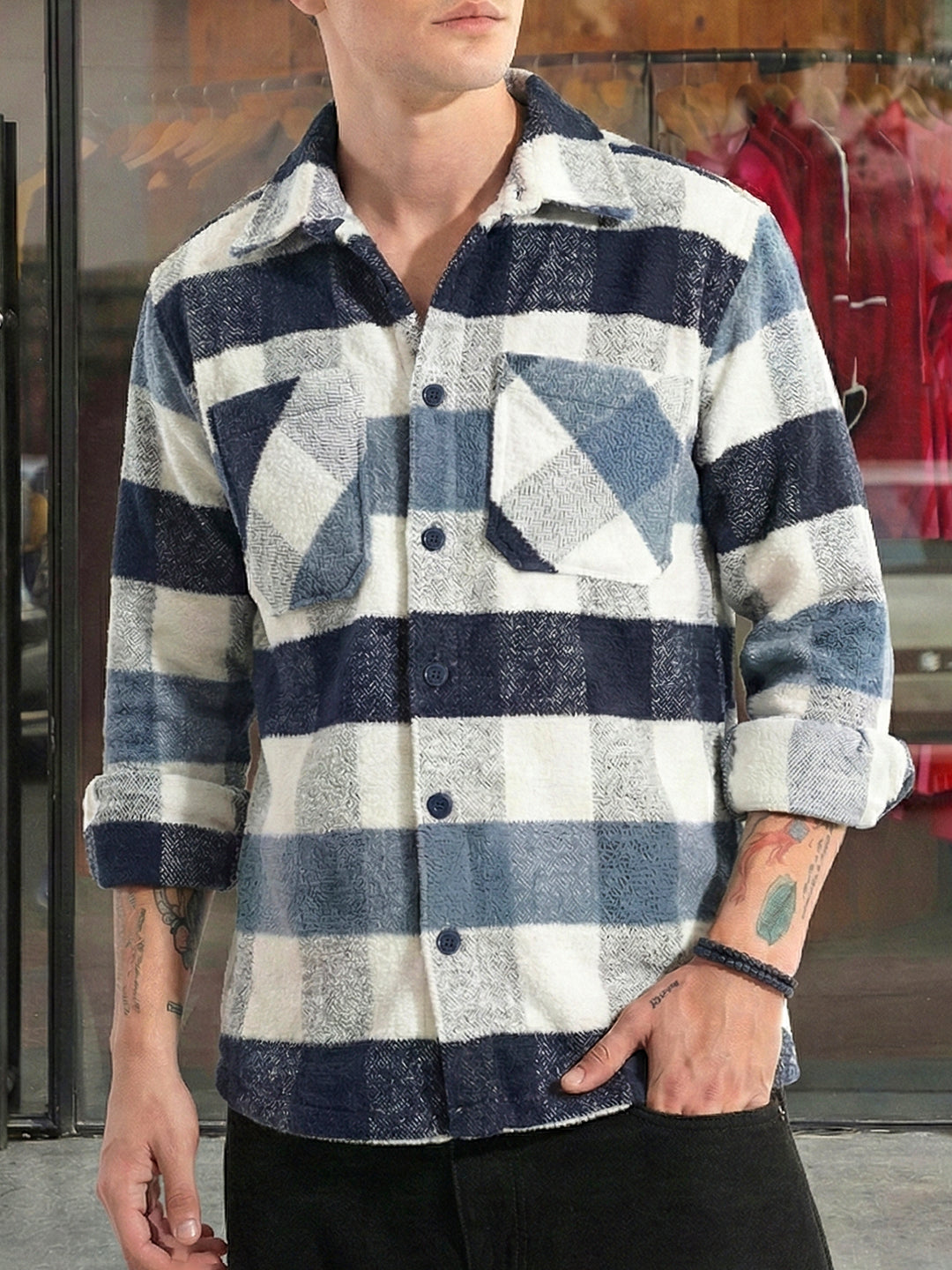 Pure Wool Slate Towel Knitted Check Shacket