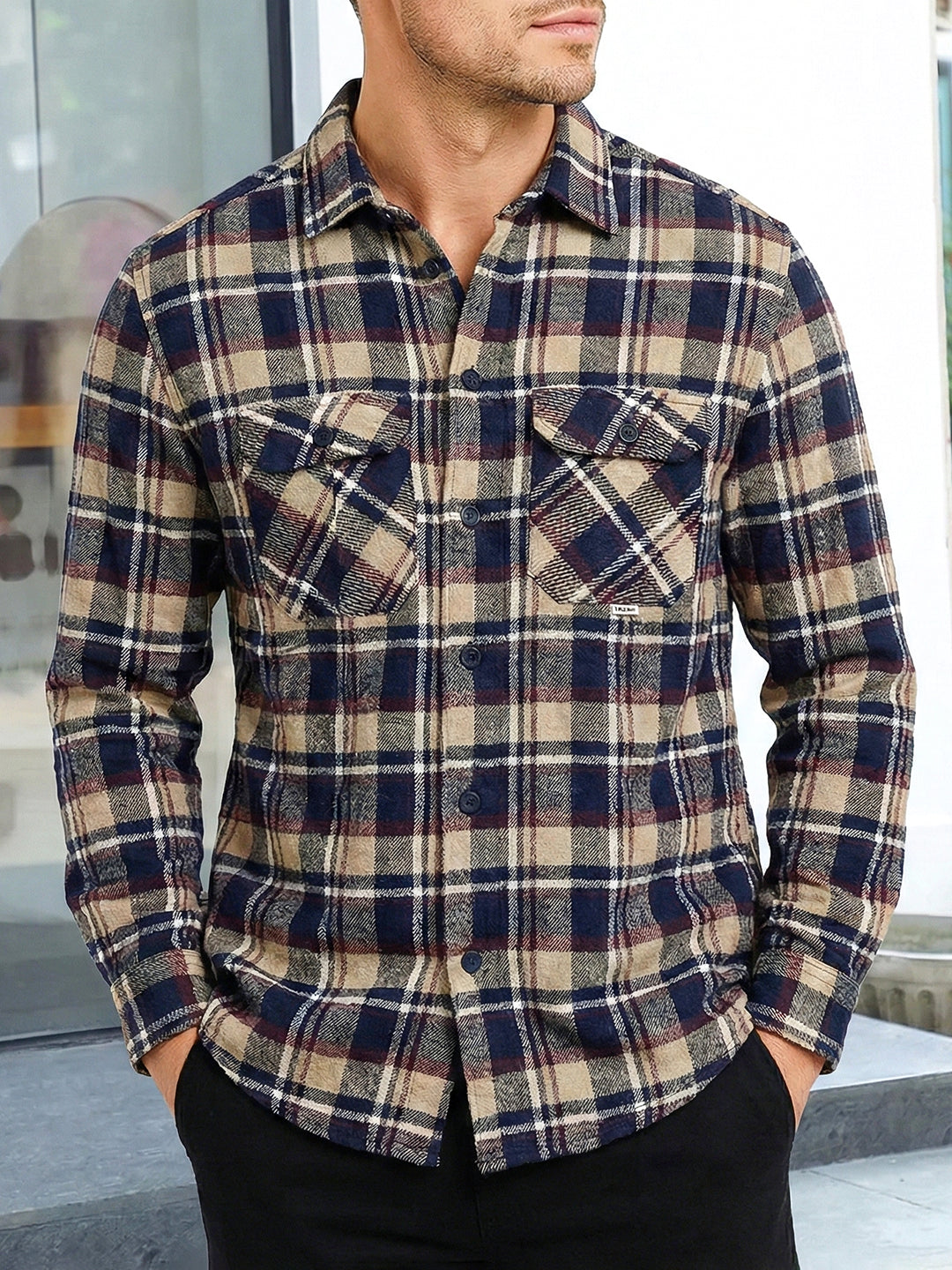Lowbetween Navy Blue Check Full Sleeve Shirt