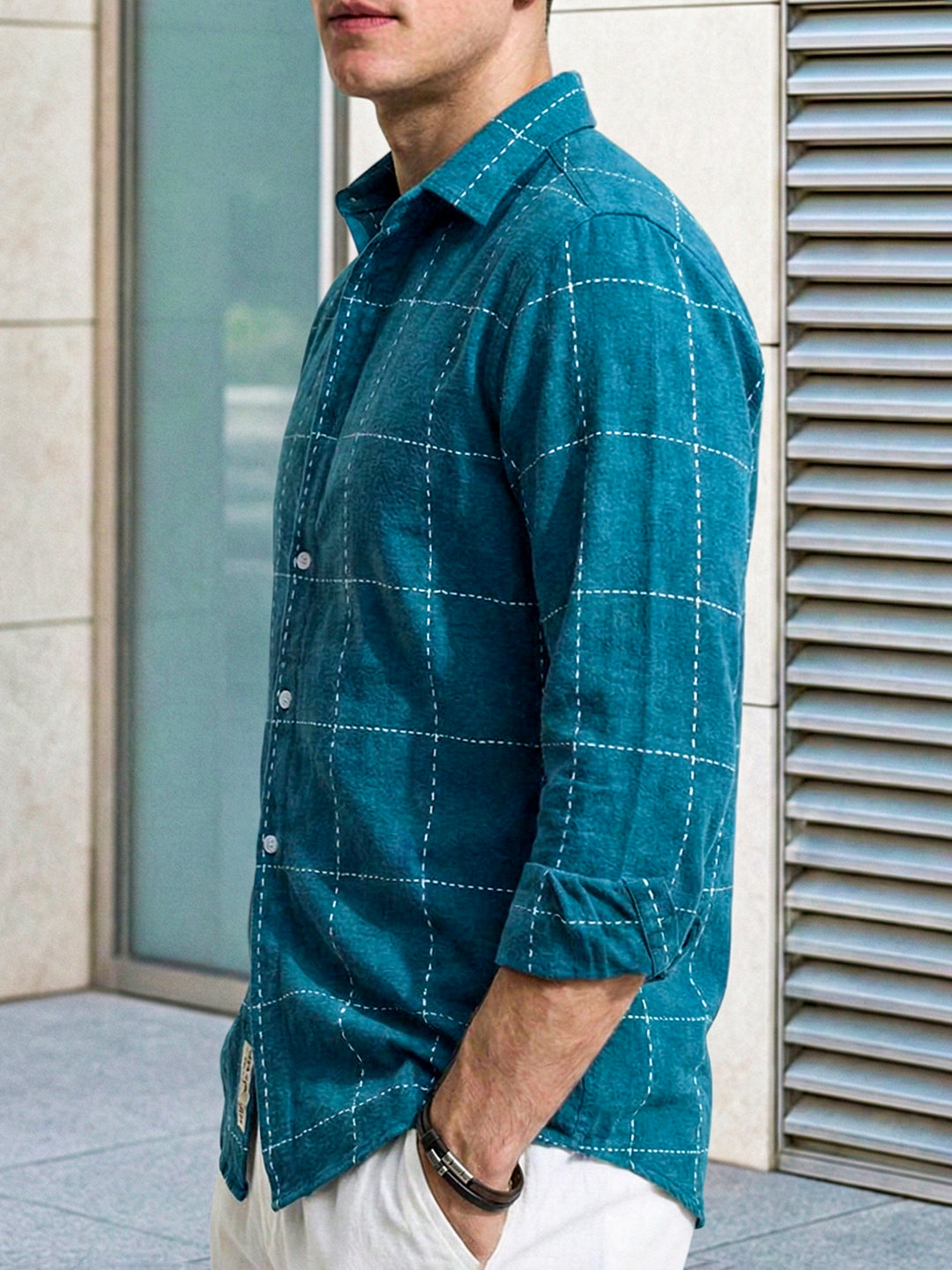 Skywave Teal Blue Check Full Sleeve Shirt