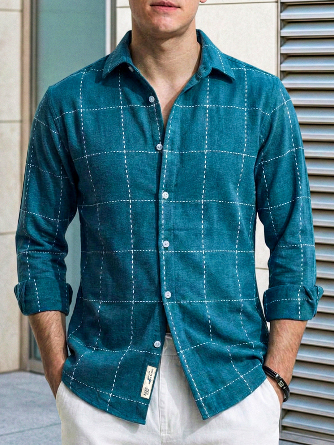 Skywave Teal Blue Check Full Sleeve Shirt