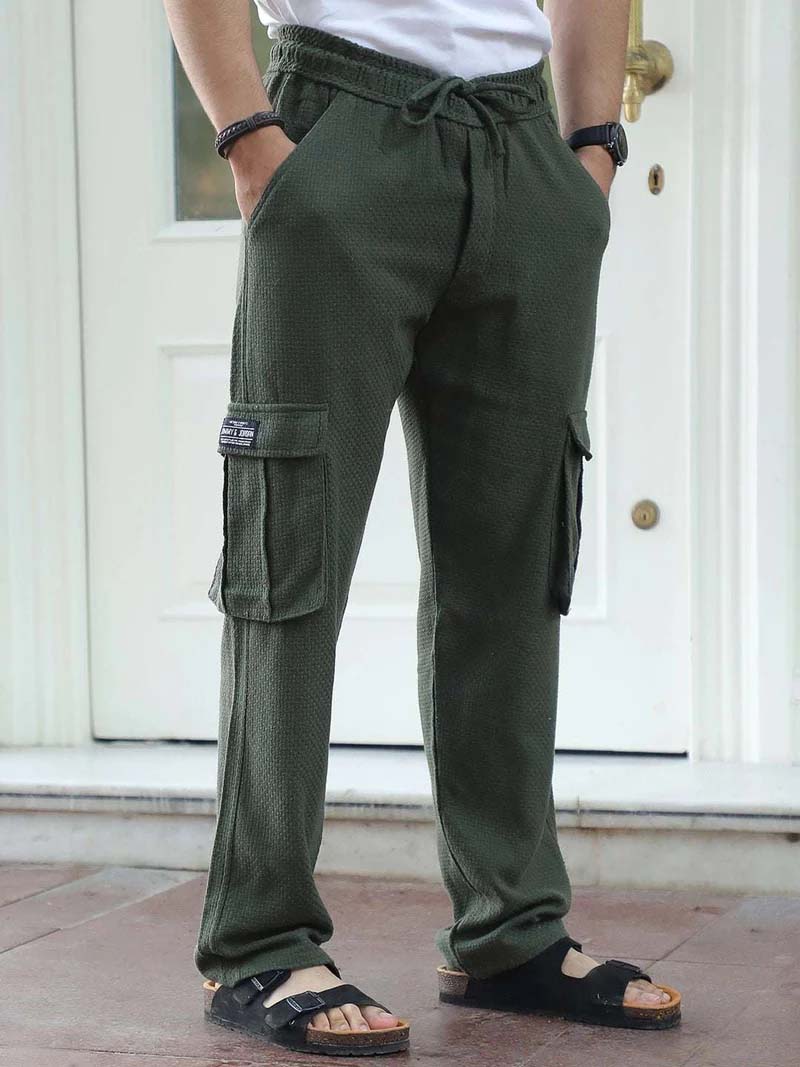 Mossveil Olive Green Baggy Fit Textured Trouser